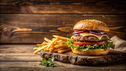 Burger with French fries on a rustic wooden table, fast food, hamburger, meal, lunch, beef, potatoes, comfort food