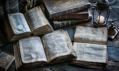 A set of open ancient books and holy scriptures, including Bibles and Tanakhs, arranged on weathered tables with dramatic lighting