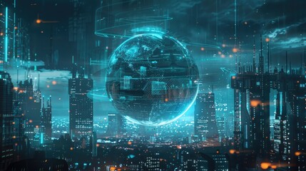 Poster - A high-tech globe in the heart of a bustling city, representing the fusion of technology and urban life.