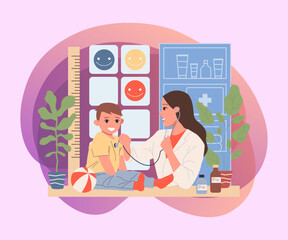 Wall Mural - Child doctor examining toddler boy. Cheerful little kid visiting pediatrician flat vector illustration. Medical checking, healthcare, examining concept for banner, website design or landing web page