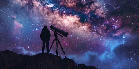 Wall Mural - star gazing concept, silhouette of astronomer with telescope over star sky