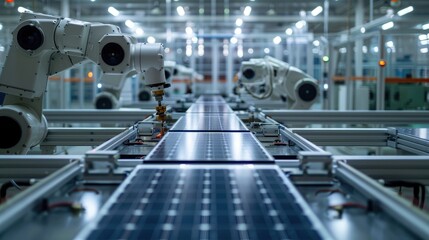 Poster - A high-tech factory floor with robotic arms working on solar panel assembly, showcasing cutting-edge technology and clean energy innovation