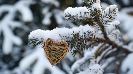 Wall Mural - Snow covered spruce branch with wicker heart outside