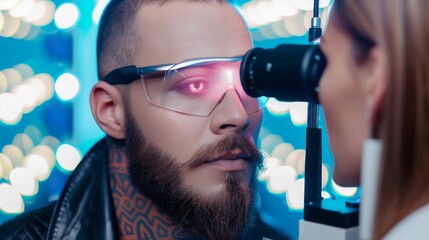 Wall Mural - A man with a beard and glasses is looking at a woman through a device