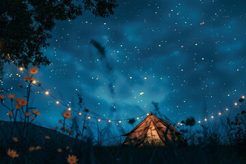 Wall Mural - tent with lights in camping over night sky background