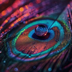 Poster - A single water droplet sits on the center of a peacock feather