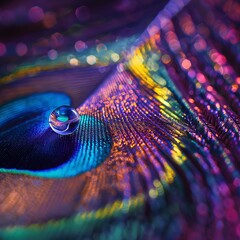 Wall Mural - A single water drop sits on a vibrant peacock feather