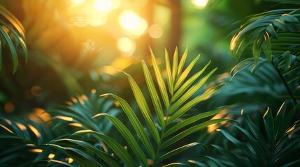 Wall Mural - Sunlit tropical leaves with soft bokeh in the background