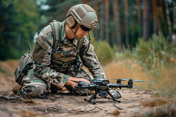 soldier in military clothes in forest using modern drone with copy space