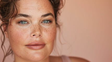 Poster - Close-up portrait of a woman with freckles striking blue eyes and a soft natural makeup look set against a soft pink background.