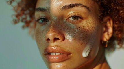 Wall Mural - A close-up portrait of a woman with a glowing complexion freckles and a hint of shimmer on her cheeks set against a soft-focus background.
