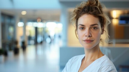 Wall Mural - A woman with curly hair wearing a white top standing in a brightly lit modern indoor space with a blurred background.