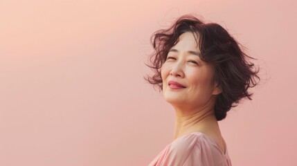 Wall Mural - Smiling woman with dark hair looking up wearing pink top against pink background.