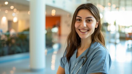 Wall Mural - Young female nurse with stethoscope smiling in hospital corridor.