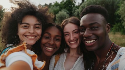 Wall Mural - A group of four young adults smiling and posing together for a selfie with a blurred natural background suggesting they are outdoors.