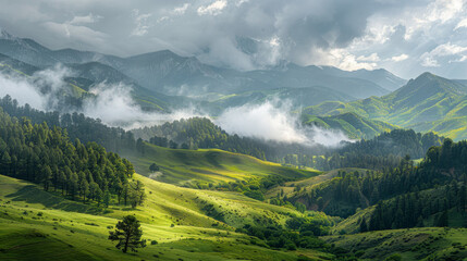 Canvas Print - A mountain range with a cloudy sky and a tree in the foreground