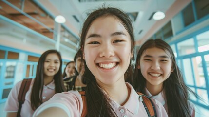 Wall Mural - A group of young women possibly students smiling and posing for a selfie in a brightly lit indoor space likely a school or educational facility.