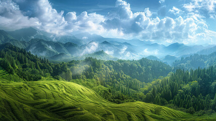 Wall Mural - A mountain range with a lush green field in the foreground