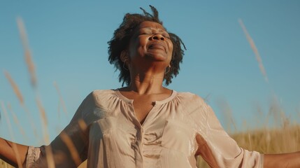 Wall Mural - A woman with closed eyes wearing a light-colored blouse standing in a field with her arms raised expressing joy or emotion under a clear blue sky.