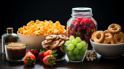 Sticker - A table with a variety of snacks and fruits, including grapes, strawberries