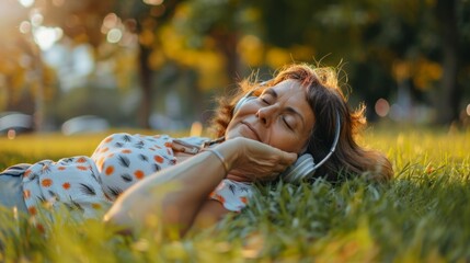 Wall Mural - A woman with closed eyes wearing headphones lying on her back in a grassy field enjoying a moment of relaxation.