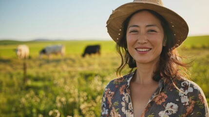 Wall Mural - A woman in a straw hat and floral shirt smiling in a field with grazing cows.