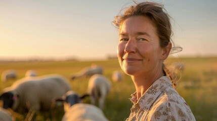 Wall Mural - A woman with a warm smile standing in a field of sheep at sunset with a serene and content expression.