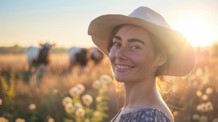 Wall Mural - A woman in a wide-brimmed hat smiling at the camera standing in a field with cows and flowers with a warm golden sunset in the background.