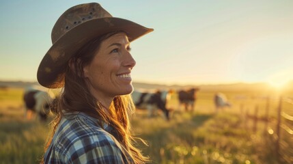 Wall Mural - A woman in a cowboy hat and plaid shirt smiling at the camera standing in a field with cows grazing in the background during a beautiful sunset.