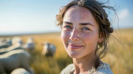 Wall Mural - A woman with freckles and blue eyes smiling at the camera standing in a field with sheep in the background under a clear sky.