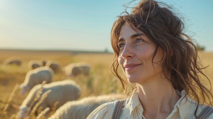 Wall Mural - A woman with long brown hair smiling gently standing in a field of tall grass with sheep grazing in the background under a clear blue sky.
