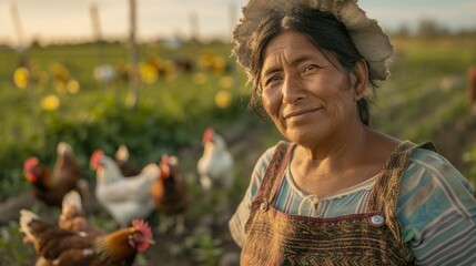 Wall Mural - A smiling woman in a straw hat and apron surrounded by chickens in a garden with yellow flowers.