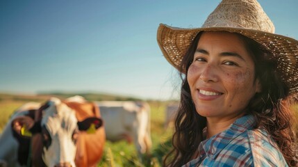 Wall Mural - A smiling woman in a straw hat and plaid shirt standing in a field with cows in the background under a clear blue sky.