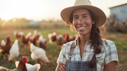 Wall Mural - A smiling woman in a straw hat and overalls stands amidst a flock of chickens in a farm setting at sunset.