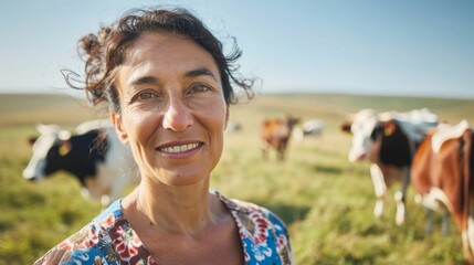 Wall Mural - A woman with curly hair smiling at the camera standing in a field with cows grazing in the background.