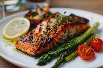 A beautifully arranged plate of grilled salmon with a side of asparagus