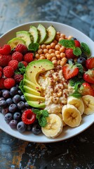 Canvas Print -  in a white plate put some beans, sliced berries, sliced artichokes, sliced avocado, sliced bananas, oatmeal and vegetables. 