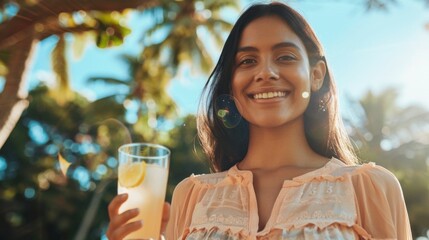 Wall Mural - Smiling woman in pink blouse holding a glass of lemonade with a slice of lemon standing in front of a tropical palm tree under a bright blue sky.