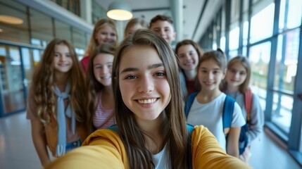 Wall Mural - A group of young girls posing for a selfie in a school corridor smiling and dressed in casual attire.