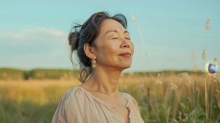 Canvas Print - A woman with closed eyes wearing a light-colored blouse standing in a field of tall grass smiling and looking up towards the sky.