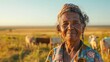 © iuricazac - An elderly woman with a warm smile wearing a colorful headscarf and a patterned blouse stands amidst a field of grazing cows during a golden sunset.