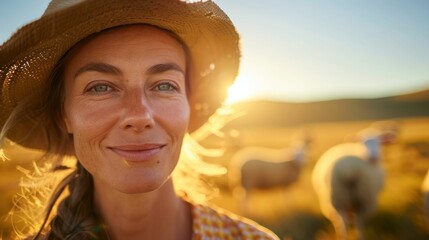 Wall Mural - A woman with a warm smile wearing a straw hat standing in a field with sheep as the sun sets behind her casting a golden glow.