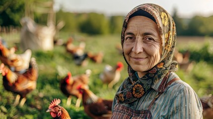 Wall Mural - An elderly woman with a headscarf smiling amidst a flock of chickens in a rural setting.