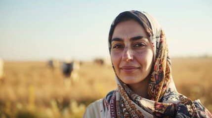 Wall Mural - Woman in headscarf with freckles smiling in field of tall grass with grazing cows in background.