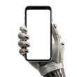 © C.Castilla - Mano de robot o cyborg sosteniendo un teléfono móvil moderno.Maqueta de teléfono celular con pantalla blanca sobre fondo transparente.