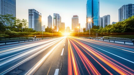 Dynamic urban nightscape  futuristic city street with vibrant car light trails and towering skyline