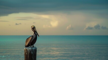 Wall Mural - Solitary brown pelican perched on wooden post by the sea gazing at ocean and sky in early hours