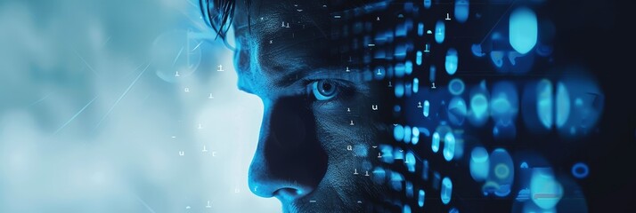 Wall Mural - Cyberpunk Man's Digital Portrait - A man's face is partially obscured by digital code and blue light, creating an otherworldly atmosphere.