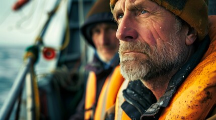 Wall Mural - Two men on a boat one with a beard both wearing life jackets looking out at the sea.