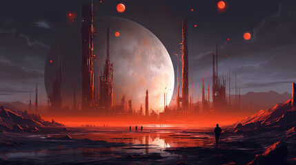 Poster - Space landscape on alien planet with mountains and sun in the style of 80s sci-fi book art.